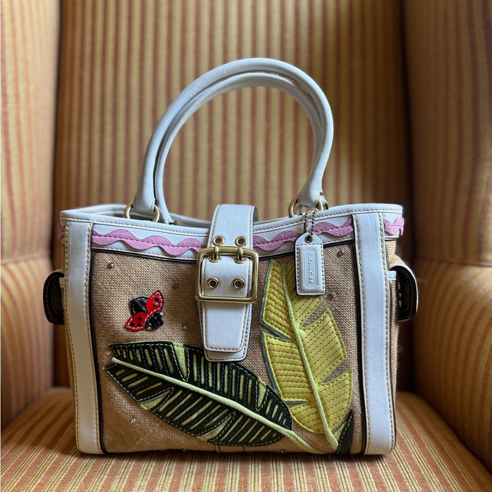 Coach Tan and White Satchel with Leaf and Butterfly Design